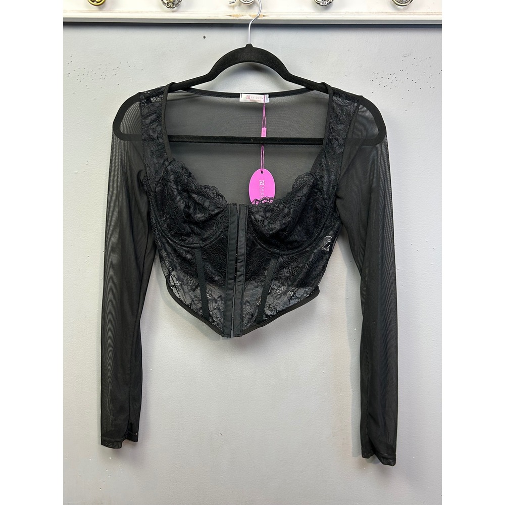 Avidlove Corset Top Women S Black Sheer Mesh Lace Long Sleeve Hook Eye Cropped